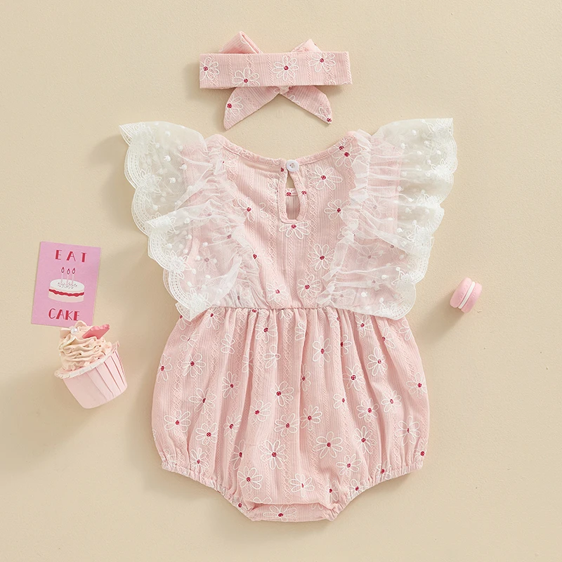 

Baby Girls Romper, Fly Sleeve Crew Neck Flower Lace Patchwork Infant Bodysuit Summer Clothes for Casual Daily