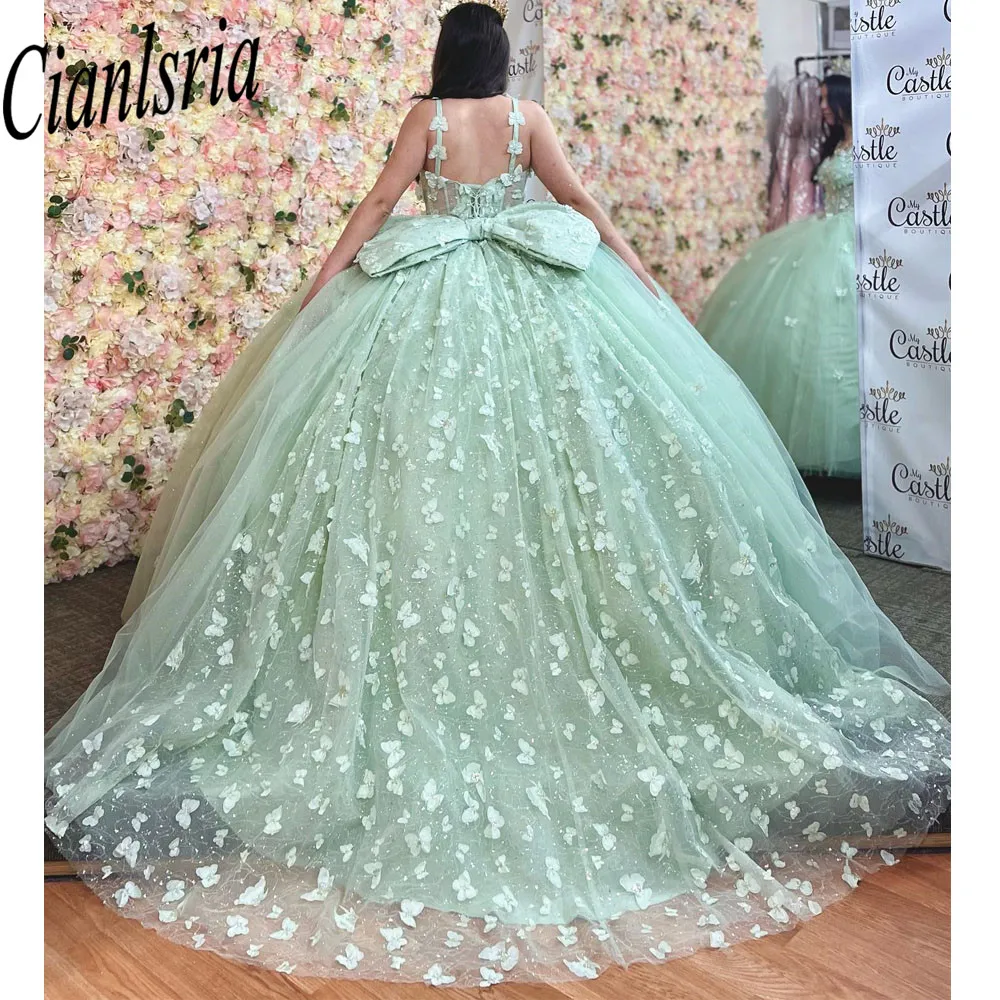 Vestido verde menta De princesa para quinceañera, traje De baile con hombros descubiertos, apliques dorados, corsé dulce, 15 Años