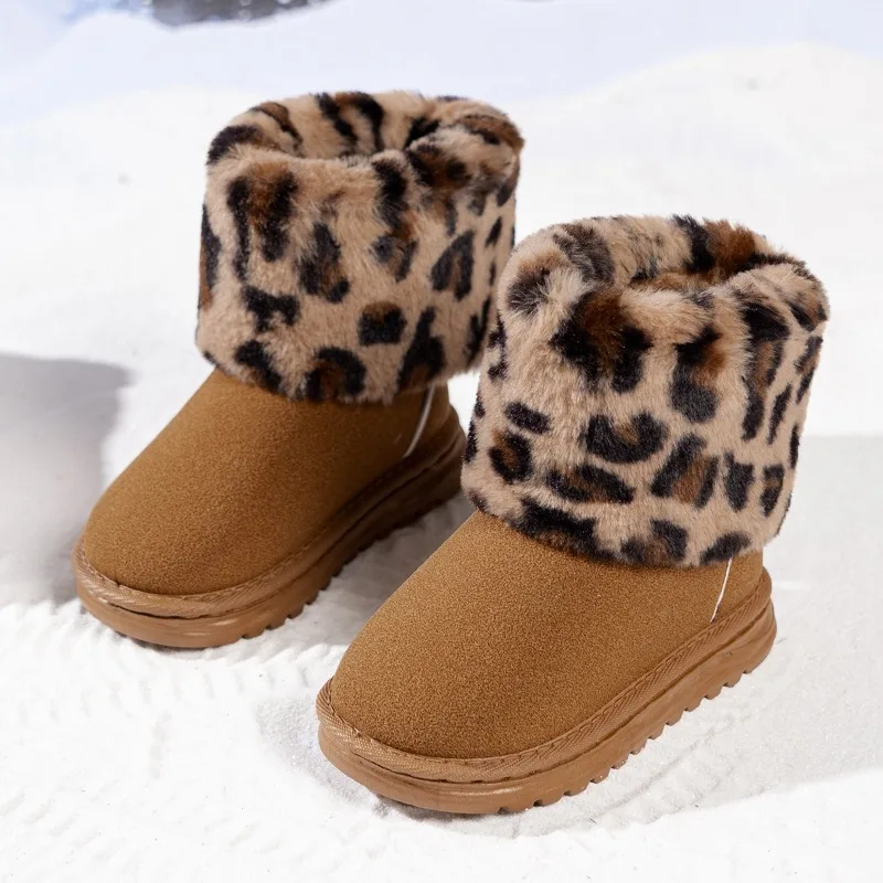 

2025 зимняя детская обувь, модные короткие флисовые ботинки высокого качества с леопардовым узором, новые повседневные теплые зимние ботинки с круглой головкой