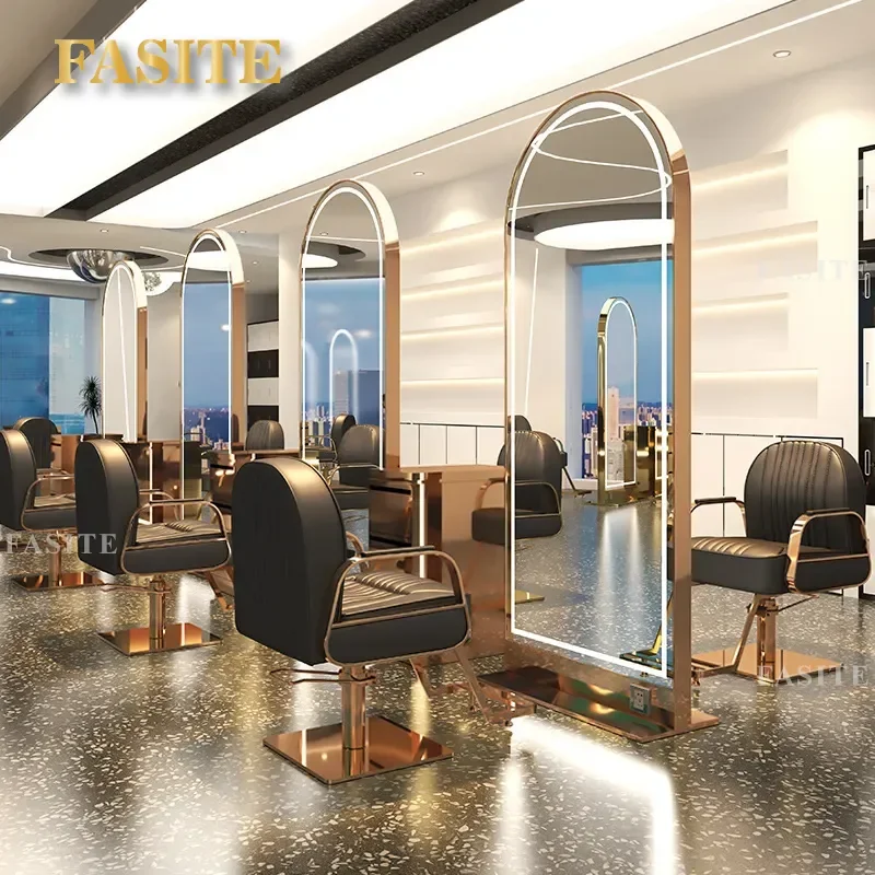 For Barber Shop Double Sided Stainless Steel Floor to Ceiling Hair Cutting Mirror Table with Light Single Sided