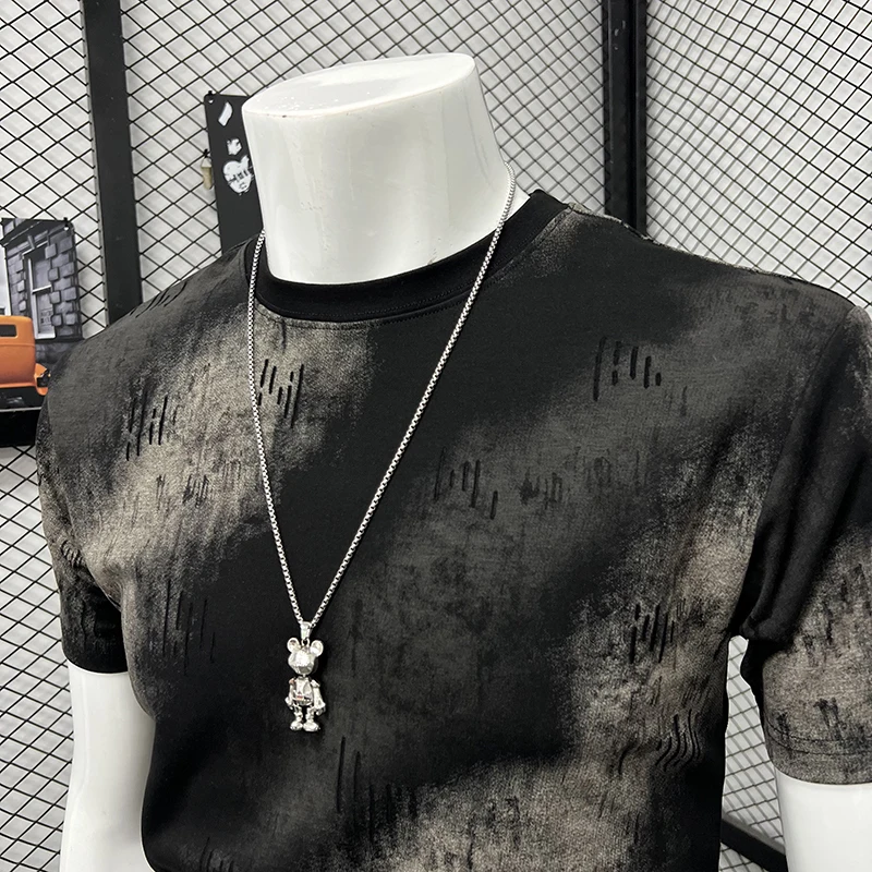 2026 New Trendy T-Shirt Ins Splash Ink Ripped Tees For Men Summer Short Sleeve T Shirt Hot Sale Loose Base Top Male Clothing