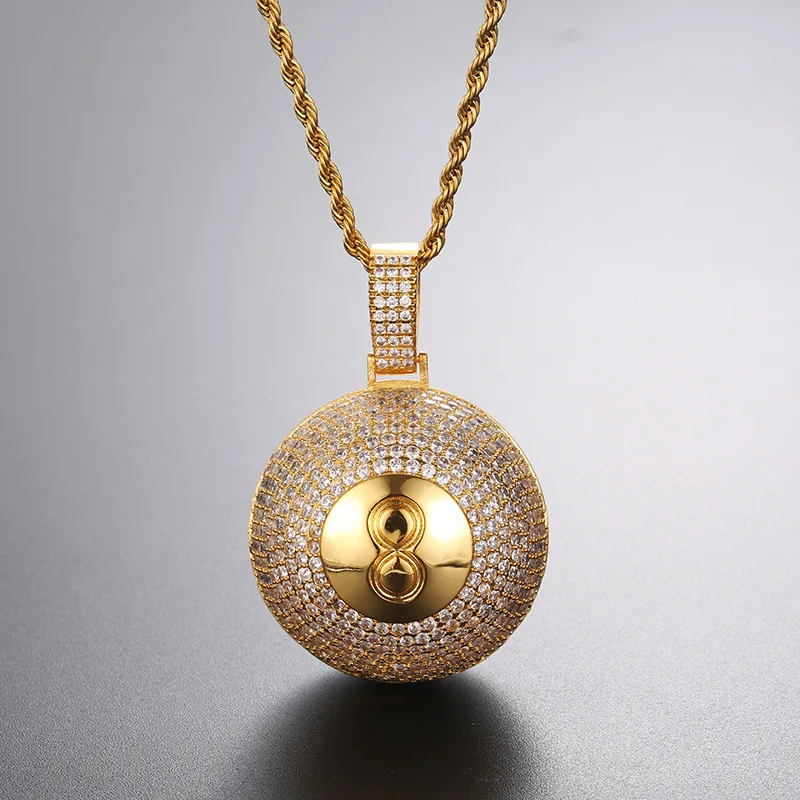Unique Iced Out 8 Ball Pendant Necklace Round Billiards Number 8 Design Hip Hop Full Zircon Unisex Cuban Chain Nightclub Jewelry