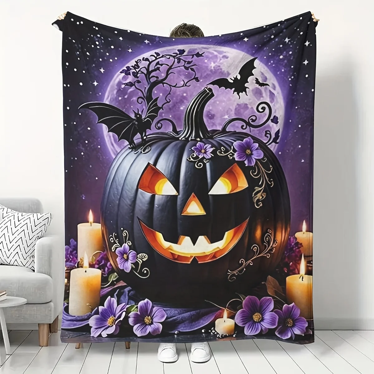 Halloween Throw Blanket - Soft Flannel Pumpkin with Jack-O'-Lantern, Bats, Moon & Floral Print Design in Purple/Purple - Cozy Co