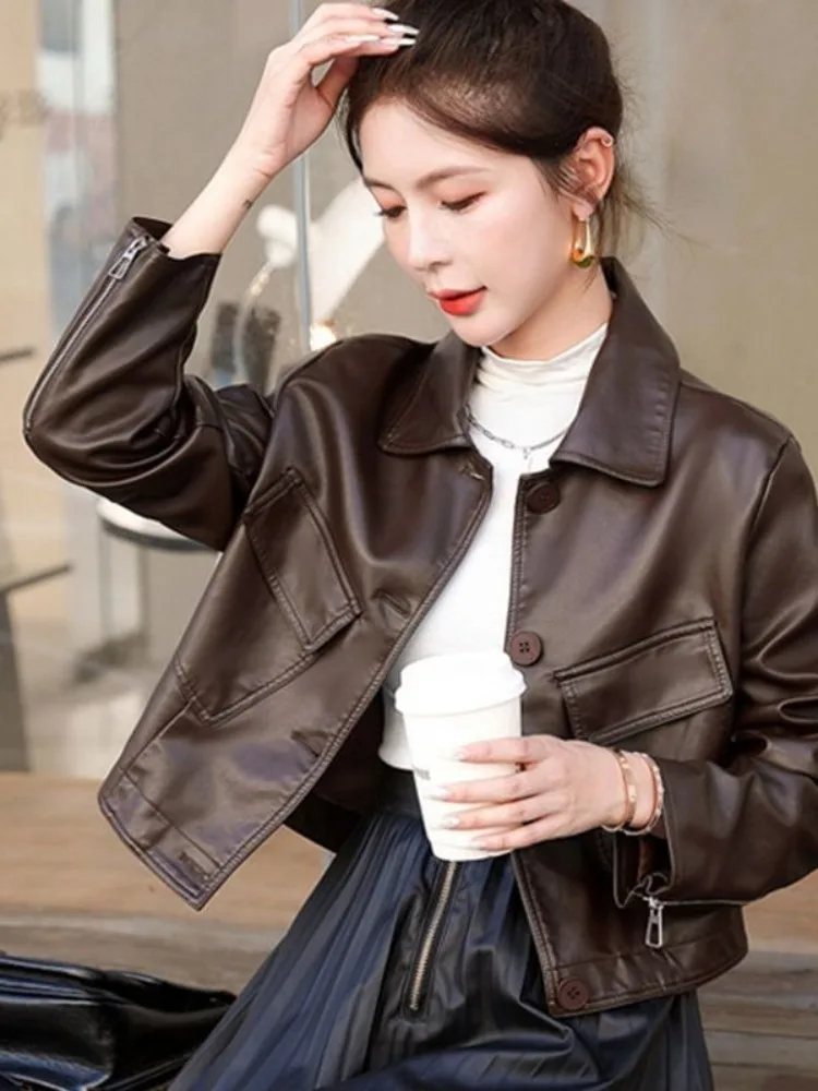 Black Short Leather Jacket with Pockets for Women Punk Motorcycle Leather Jacket Female Retro Fashion Punk Style Leather Jacket