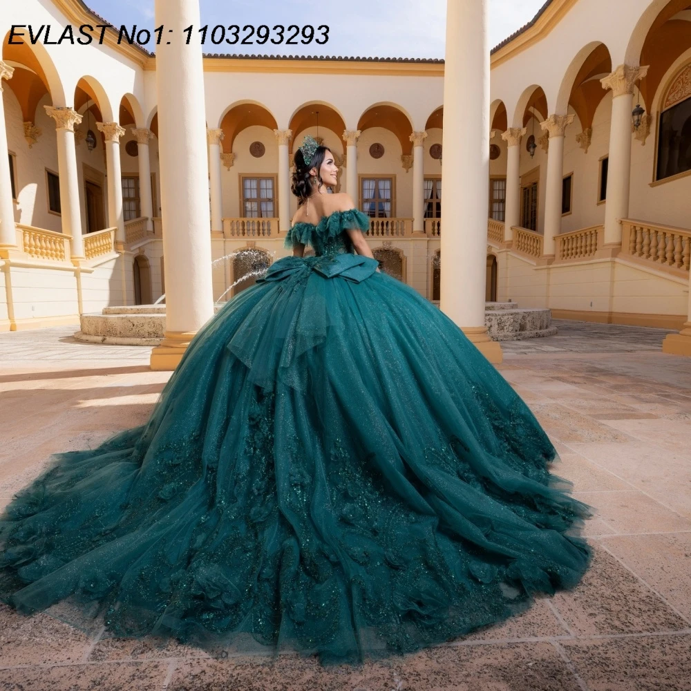 

EVLAST Customized Glitter Green Quinceanera Dress Ball Gown Lace Applique Beading Corset Sweet 16 Vestidos De 15 Anos E1QN945