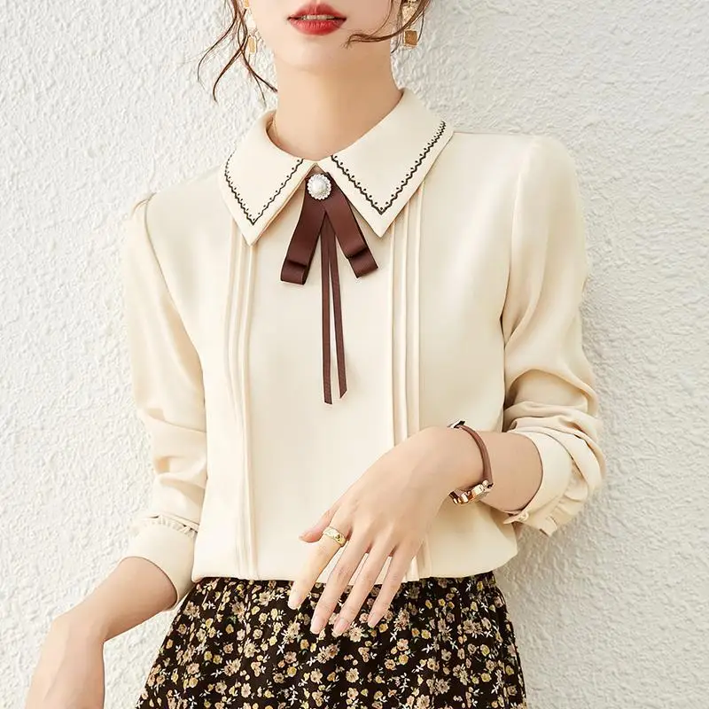 Sweet Button Spliced Embroidery Bow Chiffon Blouse Women\'s Clothing 2023 Spring New Casual Pullovers Loose Office Lady Shirt