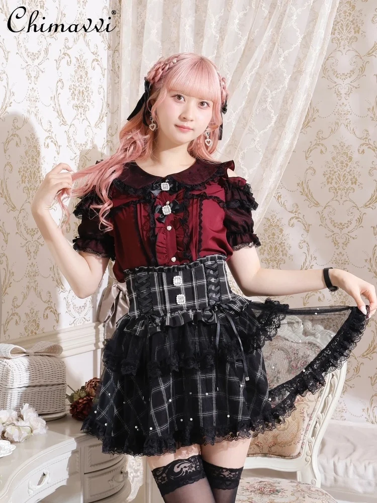 النمط الياباني الإنتاج الضخم الدانتيل المرقعة خارج الكتف دمية طوق قصيرة الأكمام قميص فتاة حلوة لطيف القوس لوليتا بلوزة