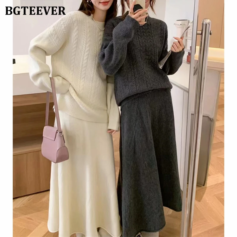 BGTEEVER Elegant Warm Loose Female 2 Pieces Knitted Set O-ncek Long Sleeve Pullovers Sweaters & High Waist A-line Skirts