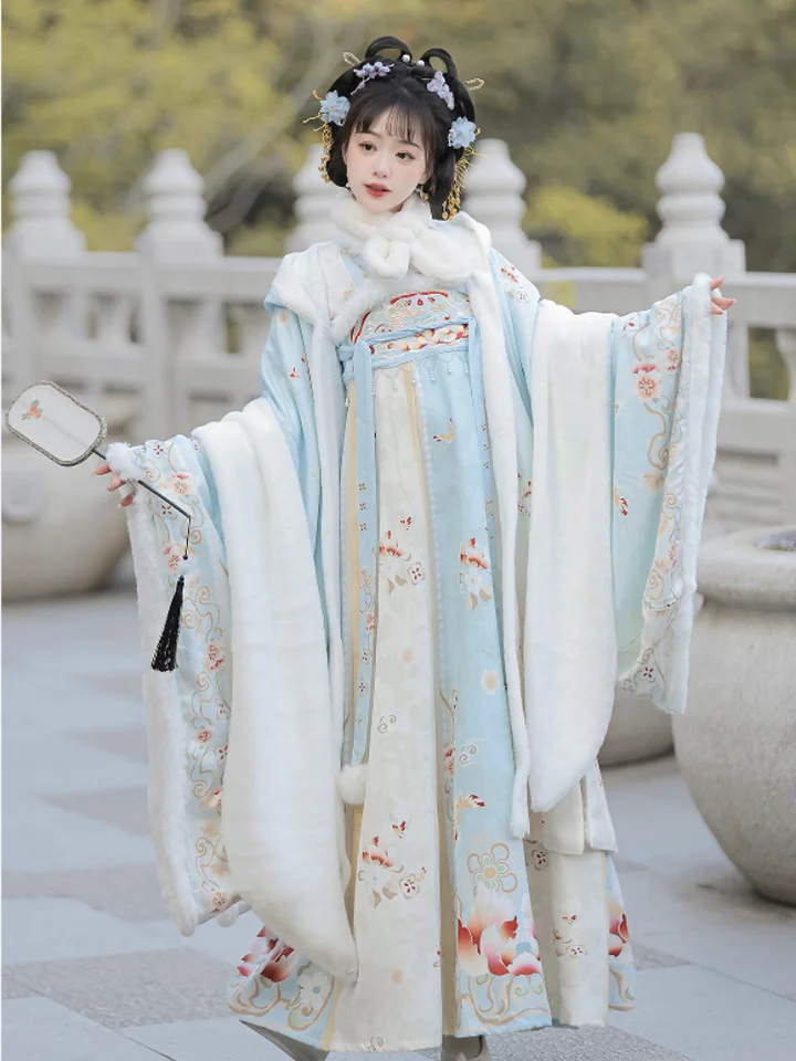 伝統的な中国の漢服の衣装、古代のプリンセス、冬、胸の長さ、タン