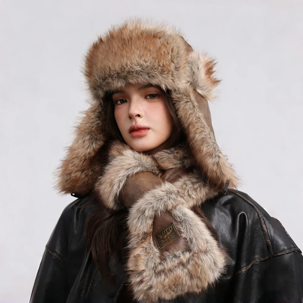 

Мужская зимняя шапка-ушанка-авиатор-солдат, теплая лыжная шапка, женская шапка-бомбер из искусственного меха, плюшевые русские защитные уши, шапки, шарф из искусственной кожи