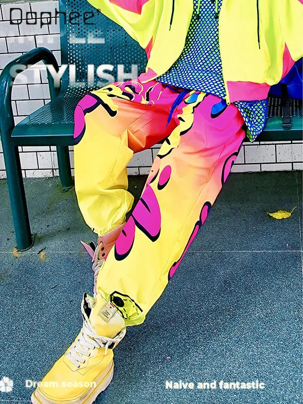 

Colorful Letter Casual Pants Spring and Autumn New Style Color-Block Gradient Pattern Trendy Loose Sports Sweatpants for Women