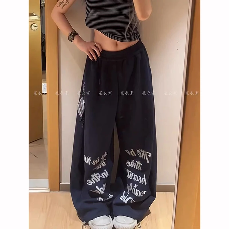 2025 Women Black Baggy Letter Print Sweatpants Oversize Dance Pants Harajuku American 2000s Style 90s Vintage Y2k Wide Trousers