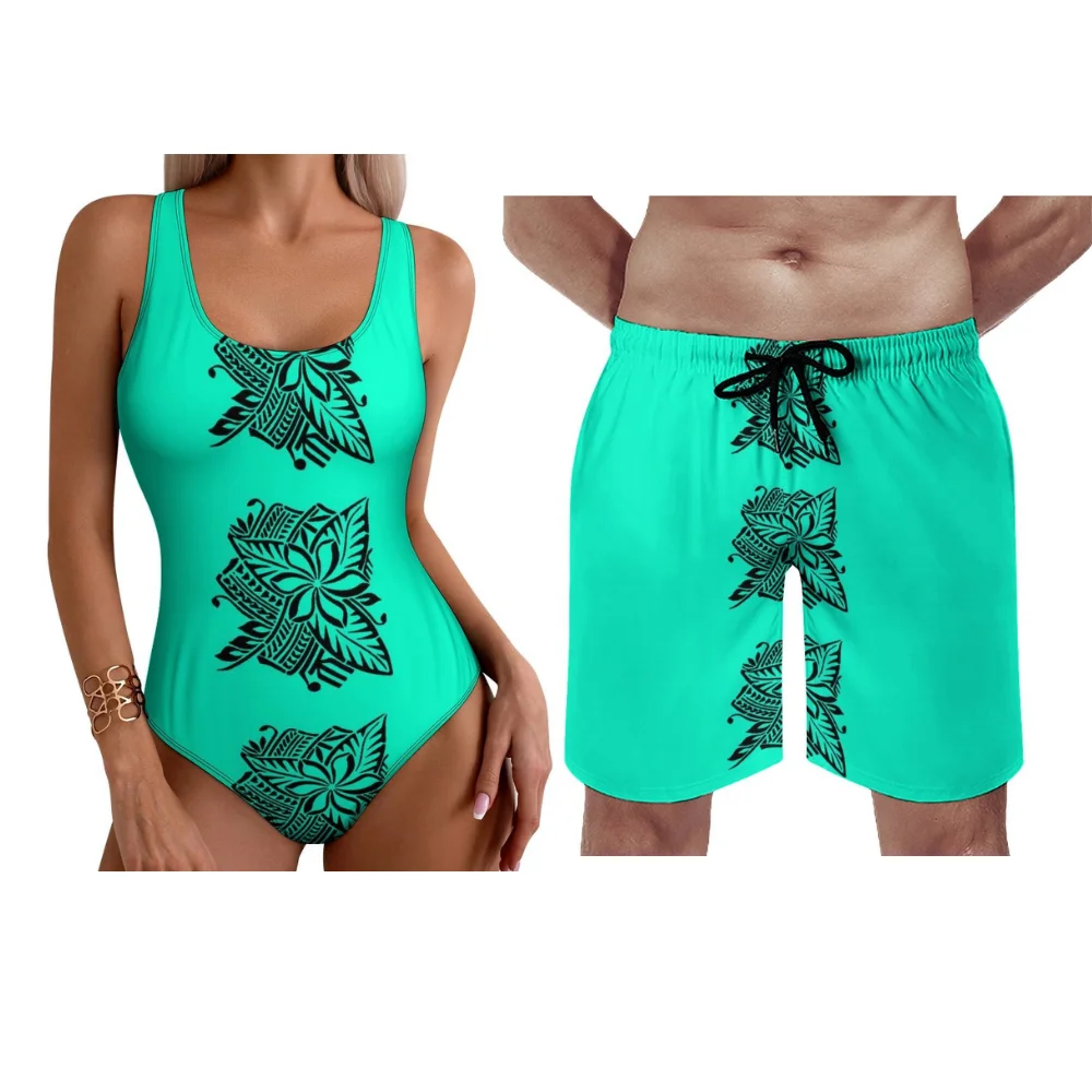 Polynesische aanpasbare dames bikini heren zwemshorts Plumeria print Hawaii stijl 2025, nieuwjaarsstrandset