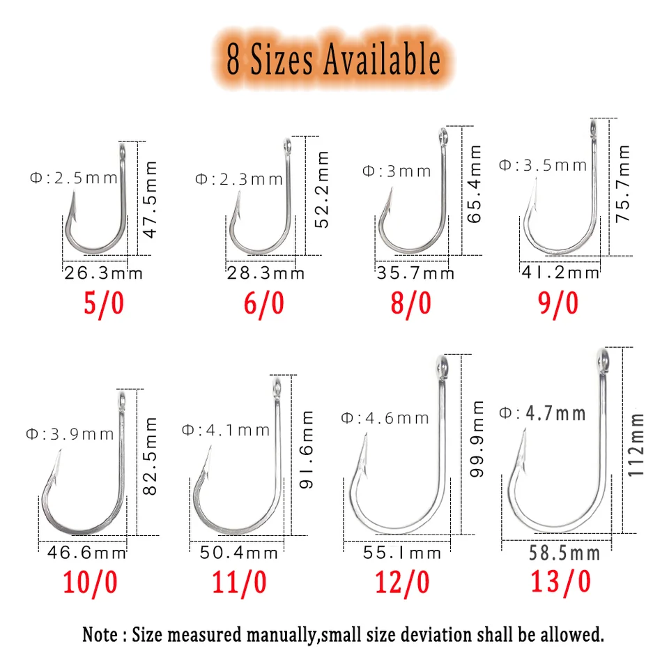 10 Ganci Big Game Acciaio Inox – Misura 1/0 A 13/0 Per Tonno E Pesca In Acqua Salata