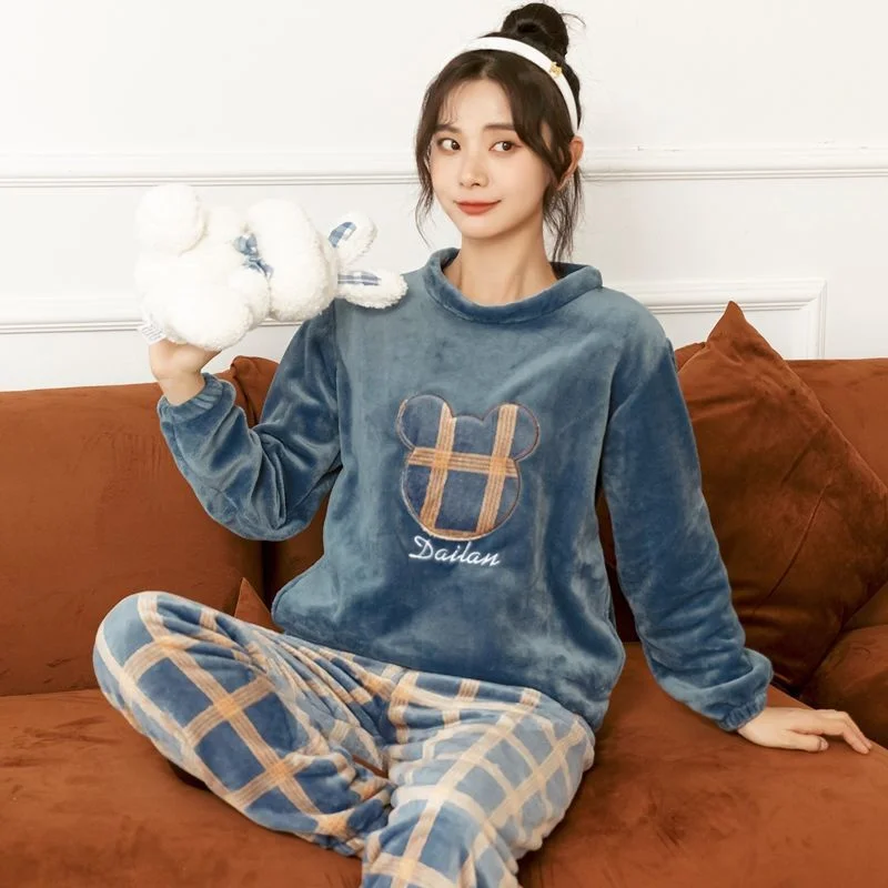 Winter Pajamas Set Casual Cartoon Full Sleepwear For Women Warm Thick Pyjama Women\'s Flannel Fashion Homewear Clothes Plus Size