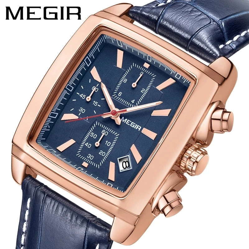 MEGIR mode décontracté hommes chronographe montre à Quartz haut de gamme militaire Sport montre-bracelet homme Rectangle en cuir montres mâle 2028