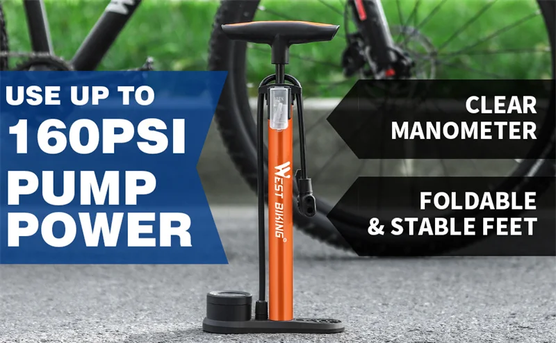 WEST BIKING 160PSI High Pressure Bicycle Pump With Gauge MTB Road Bike Tire Inflator For Presta/Schrader Valve Bike Accessories