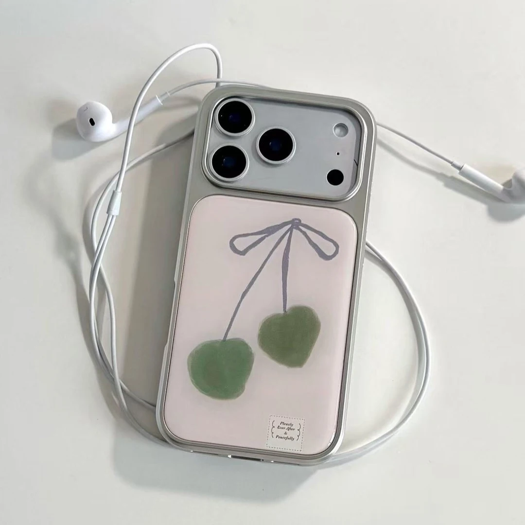 

Ins Cute Green Cherry Bowknot Electroplated Drip Glue Phone Case For iPhone 17 Air 16 Pro Max 15 14 Plus 13 12 Pro 11 Back Cover