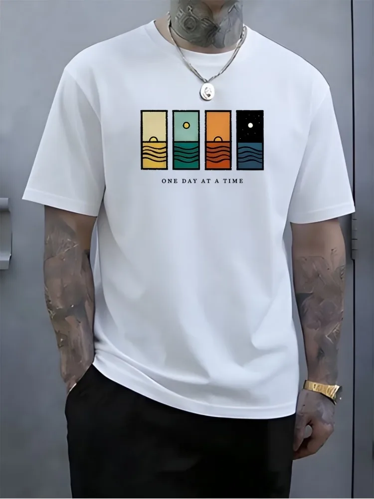 Mens Summer Crew Neck T Shirt Ocean Sunset One Day At A Time Graphic Print Loose Short Sleeve Casual Red Streetwear Top For Men