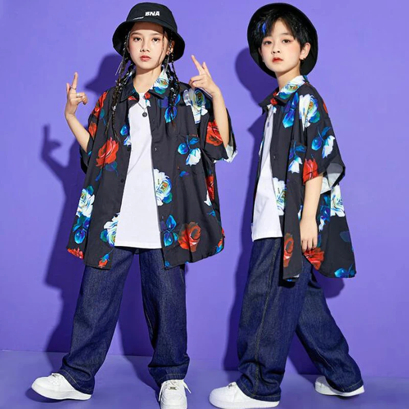 Kids Ballroom Hip Hop Show Clothing Print Shirt Tops Streetwear Baggy Denim Pants For Girl Boy Jazz Dance Wear Costume Clothes