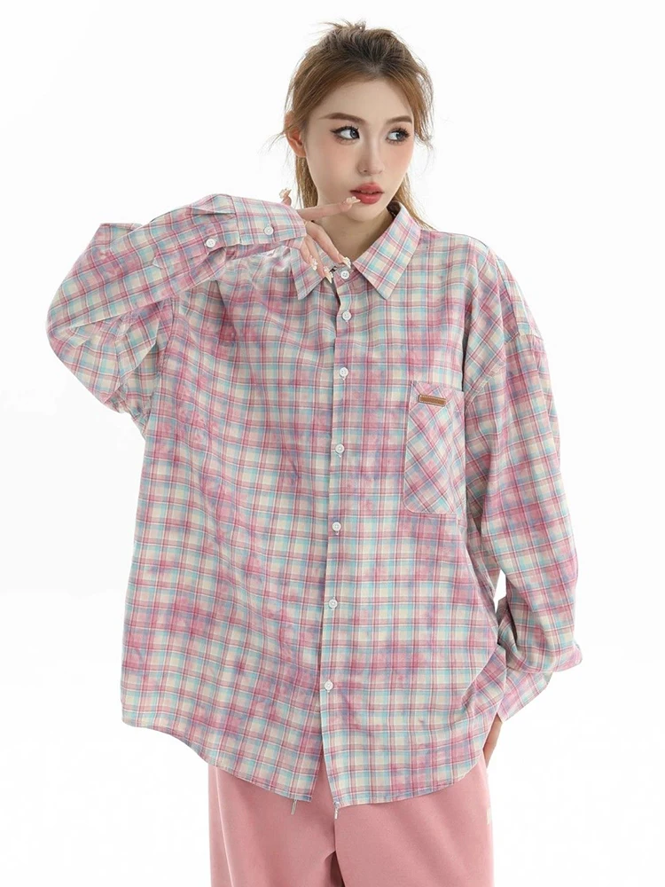 Jmprs Y2K Tie Dyeลายสก๊อตเสื้อผู้หญิงหลวมOversize Streetwearเสื้อแขนยาวVINTAGE Harajuku Hip Hop BfอเมริกันBfเสื้อ