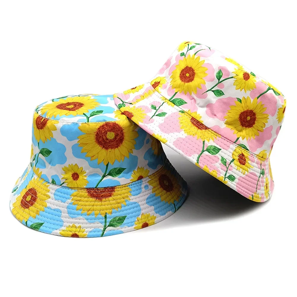 2026 New Women's Reversible Cow Print New Sun Hat  Fisher Hat with Sunflower Flower Print UV Protection Bucket Hat
