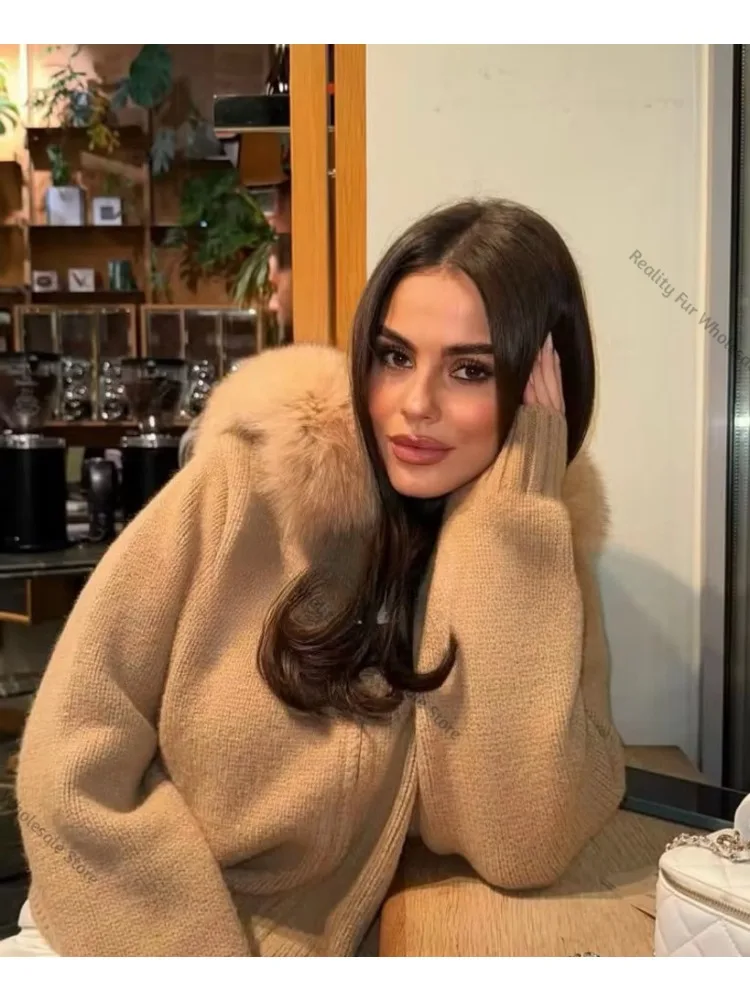 Women's Elegant Fur Trim Sweater Warm Winter Knit Cardigan Women's Jumper Coat Natural Fur Fluffy Soft Knitwear Oversized