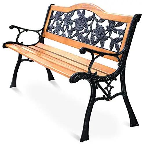 Outdoor Garden Bench, Patio Bench with Large Rose Cast Backrest & Comfort Wood Seat, 470 LBS Load Capacity, Weather