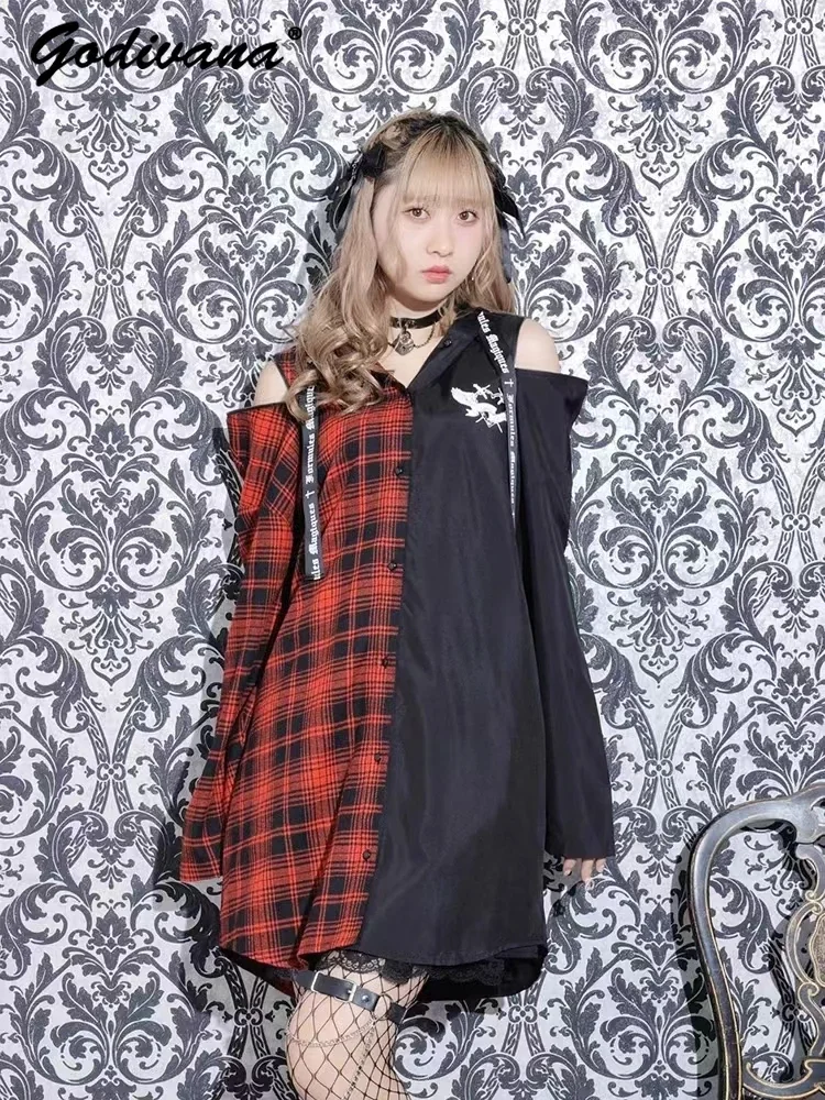 Harajuku Style Color Matching Hooded Rabbit Ears Mid-Length Plaid Shirt Japanese Female Girls Loose Long Sleeve Shirt Dress