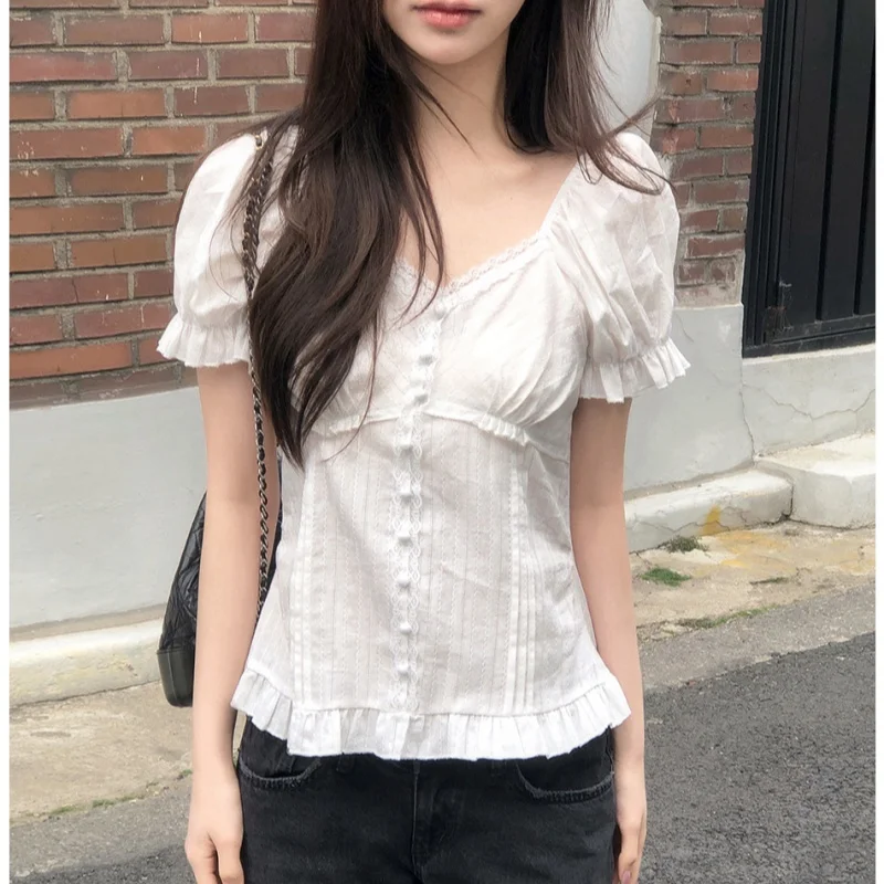 

Korean Style Short Sleeve Lace Slim Fit Bubble Sleeve Wood Grain Shirt Women's Fashion Summer New Arrival Casual Top