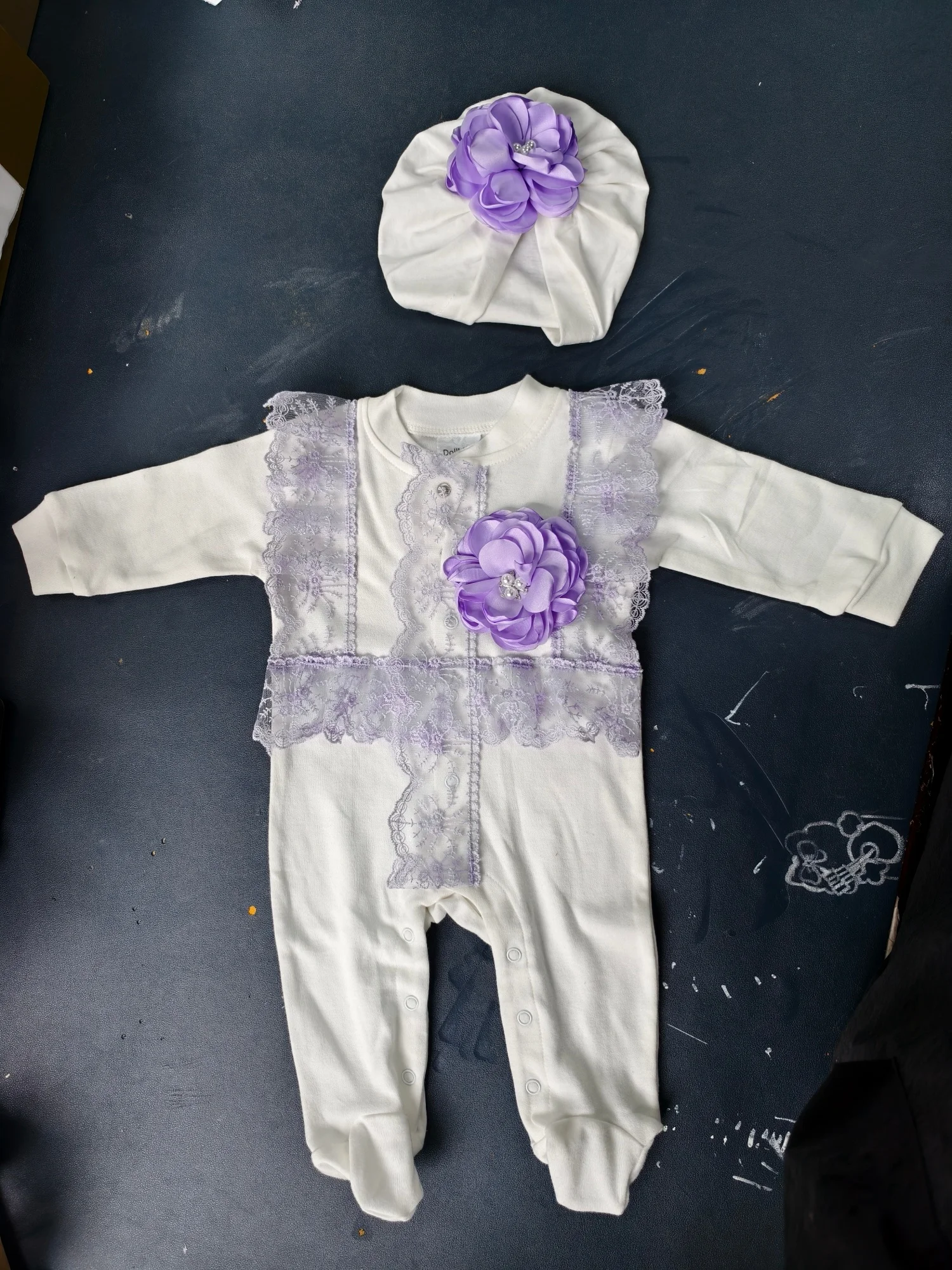 Baby Girls Footed Jumpsuit with Matching Turban Hat Purple Satin Flower Lace Trim Newborn Princess Outfit Set