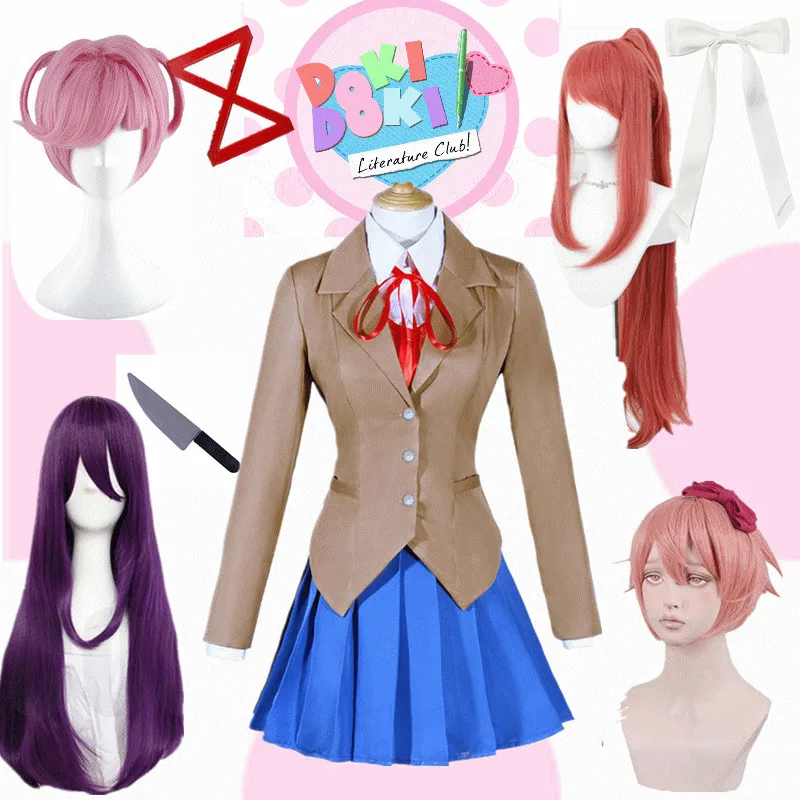 Game Doki Doki Literature Club Natsuki Cosplay Sayori Yuri Monika Cosplay Costume Wig Set School Uniform Girl Women Costumes