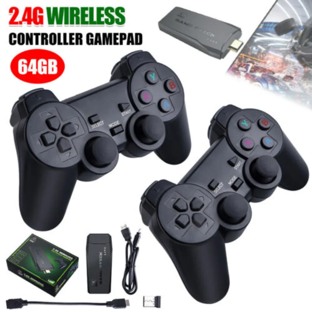 Wireless HDMI 4K TV Game Stick Console Built-In 64GB 10000+Retro Games 2 Gamepad