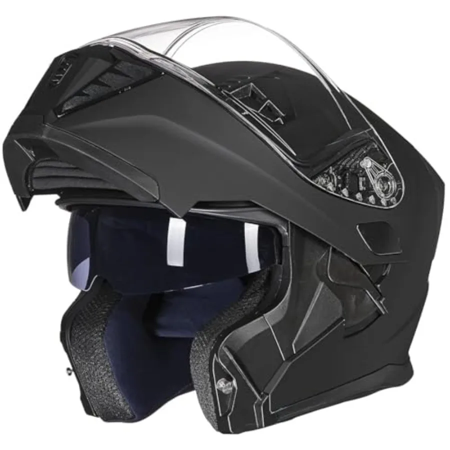 

Motorcycle Modular Full Face Helmet for Adult: ABS Shell, Matte Black, Flip-up Design with Dual Visor Optional LED Tail Light,