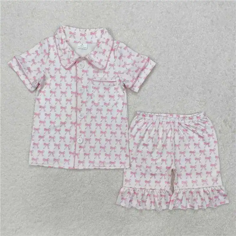 

Boutique Baby Kids Pajamas Colorful Bow Button Cute Girls Pajamas Short Sleeve Shorts Boys Spring Boys Pajamas Kid Set Sleepwear