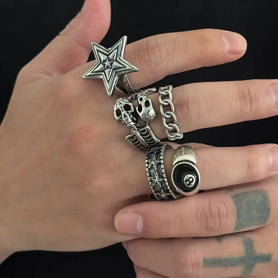 KunJoe 5Pcs/Set Gothic Five-Pointed Star Hollow Rings Men Hiphop Silver Color Geometric Thick Finger Ring Halloween Jewelry Gift