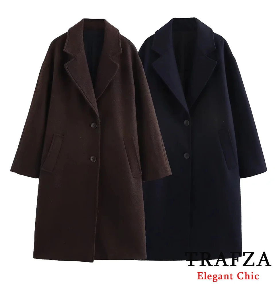 TRAFZA Women Commuter  Tweed Long Coat Lapel Buttons Slant Pockets Coat New 2025 Fashion Fall Winter Elegant Casual Simple Coat