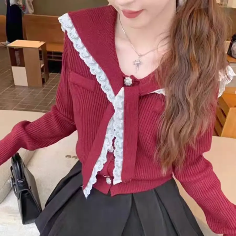 

Французский дизайн, милый кружевной вязаный кардиган в консервативном стиле, рубашки с милым матросским воротником, облегающий свитер, джемпер, топ, женский зимний трикотаж