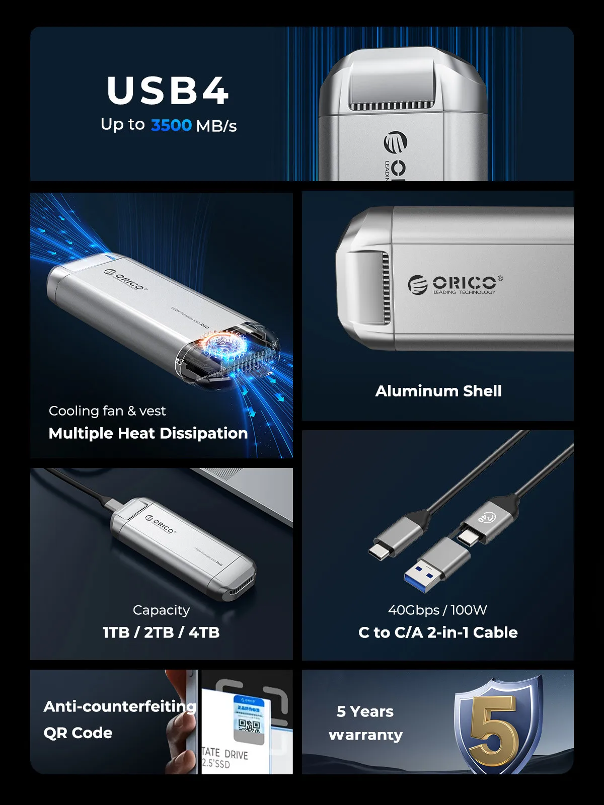 ORICO Silverstone محرك أقراص SSD محمول 3500 ميجابايت/ثانية محرك أقراص الحالة الصلبة الخارجي 2T 4T Type-C سبائك الألومنيوم PSSD مروحة تبريد مدمجة