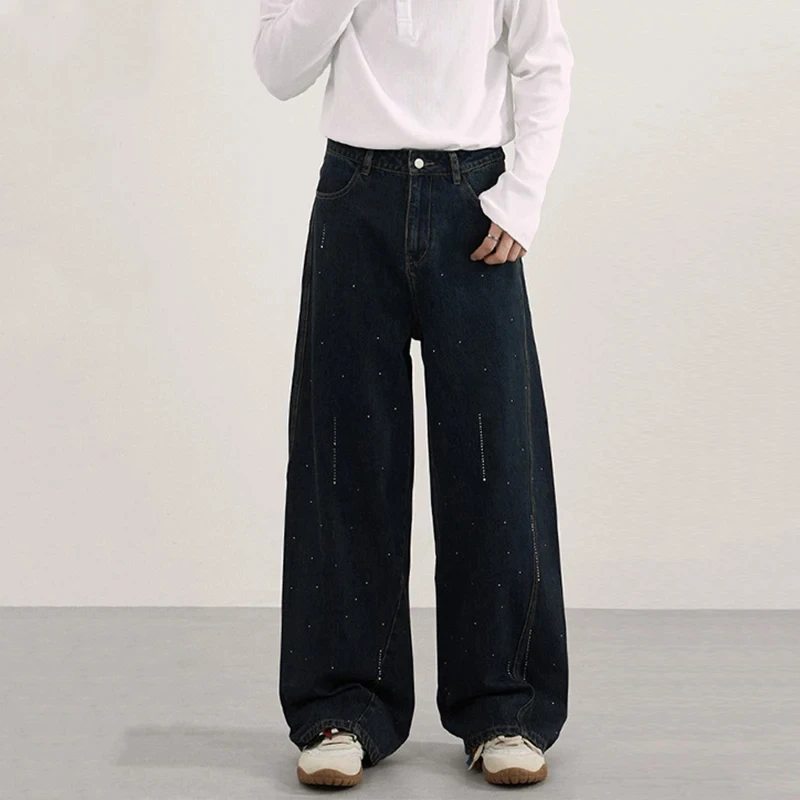 Niche Design Men's Denim Pants Diamonds Decoration Patchwork Loose Wide Leg Vintage Straight Male Jeans Autumn