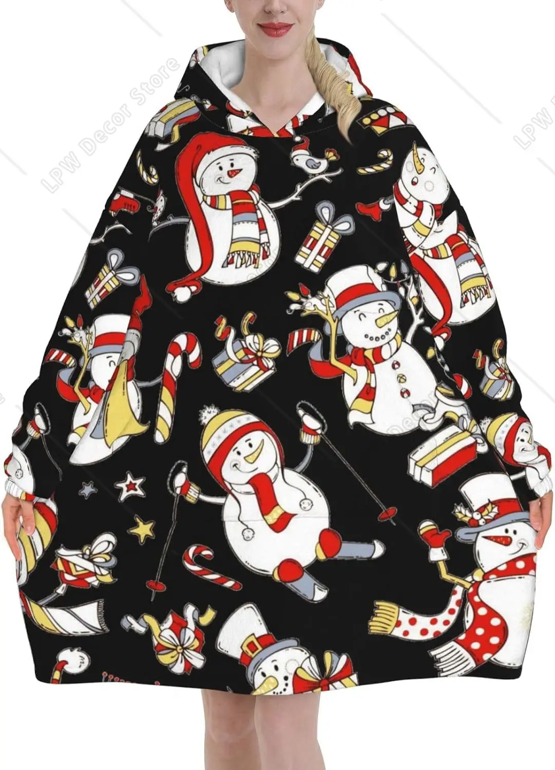 Black Hand Drawn Christmas Snowman Print Hooded Wearable Blanket Adult Flannel Hooded Blanket Sweatshirt Soft Warm With Pockets