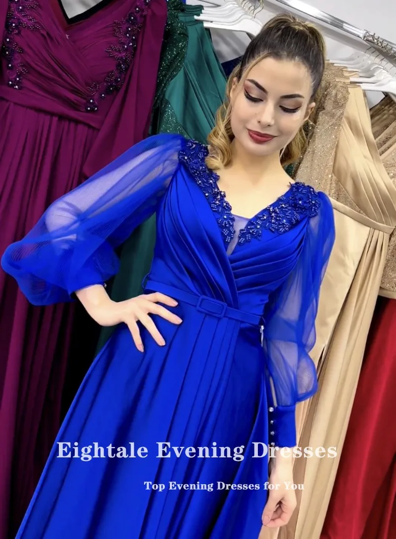 Eightale Royal Blue Evening Dress Satin V-Neck Long Sleeves A-Line Beaded Floor Length Prom Party Gowns robe de soirée femme