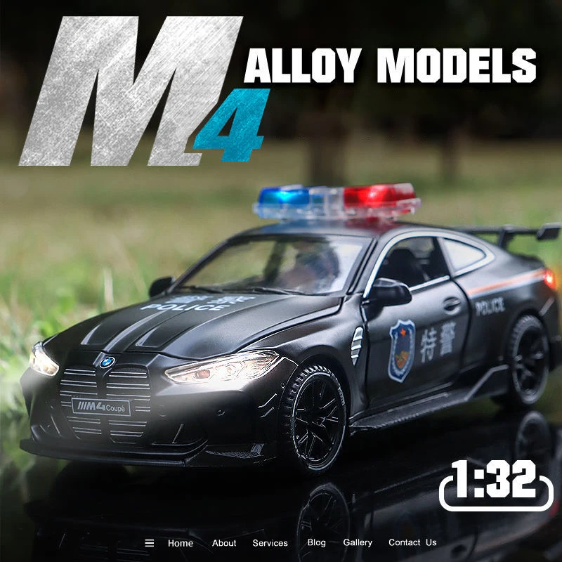 Bmw m4警察車,子供用,1:32,ダイキャストモデル,プルバック,サウンドとライト,ハイシミュレーション,おもちゃコレクション,ギフト