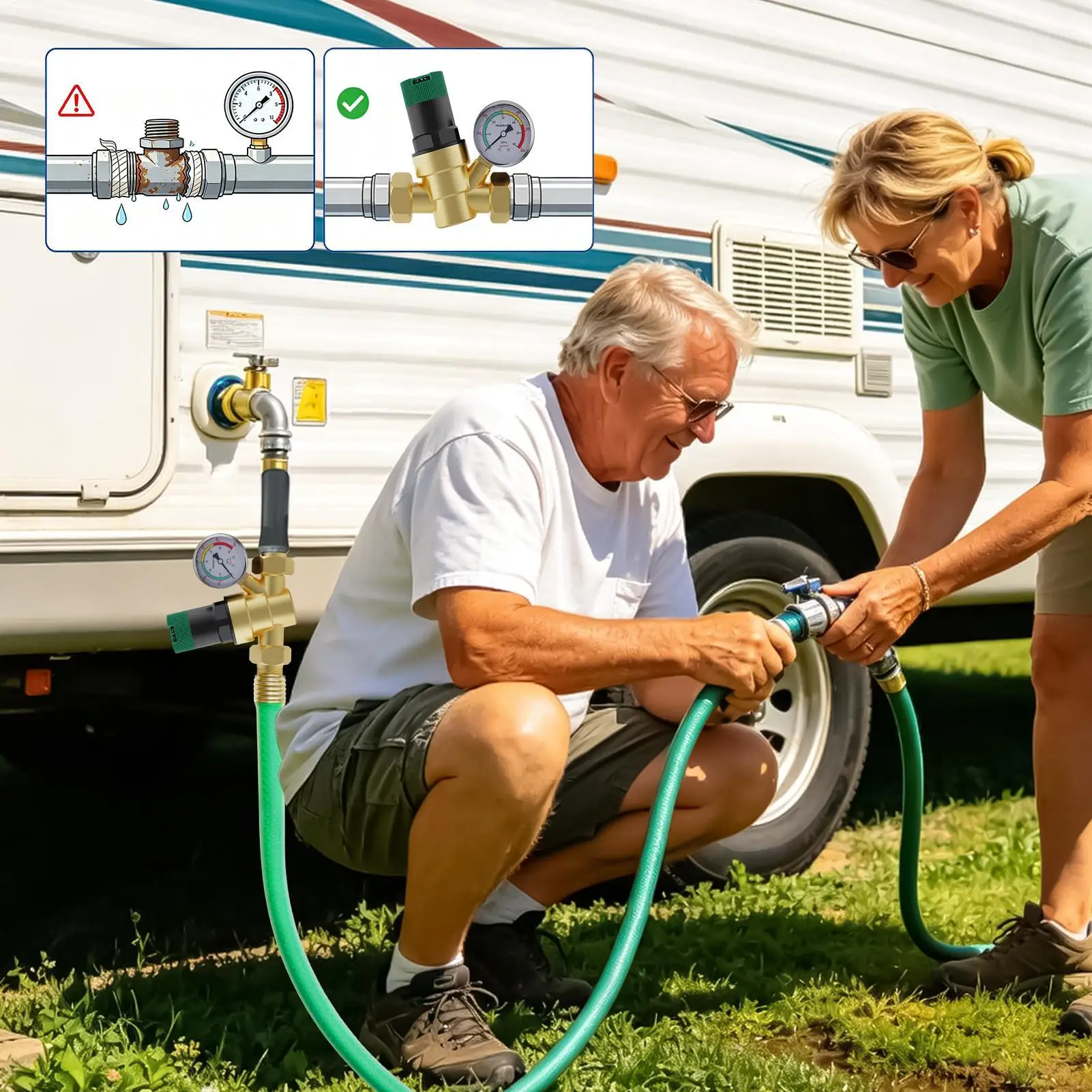 Camper Water Pressure Regulator Lead-Free Adjustable Leak Proof Copper Valve With Gauge And Inlet Screen Filter Water Pressure