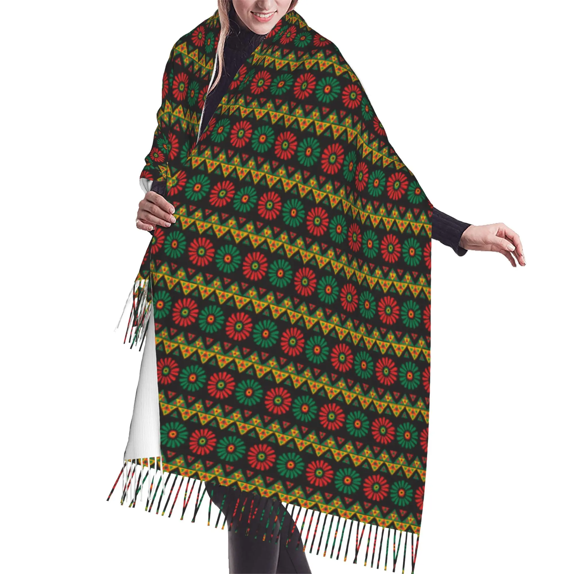 Custom Lady Long Red Yellow Green Floral Kente Cloth Patterned Scarves Women Winter Fall Thick Warm Tassel Shawl Wrap  Scarf