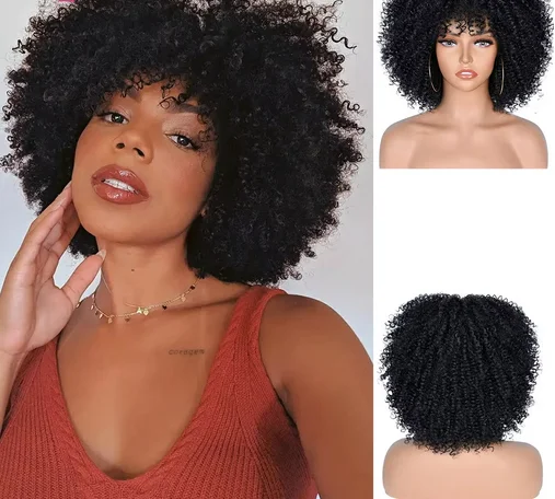 Short Hair Afro Kinky Curly Wigs With Bangs For Black Women African Synthetic Ombre Cosplay Natural Blonde Purple Wig