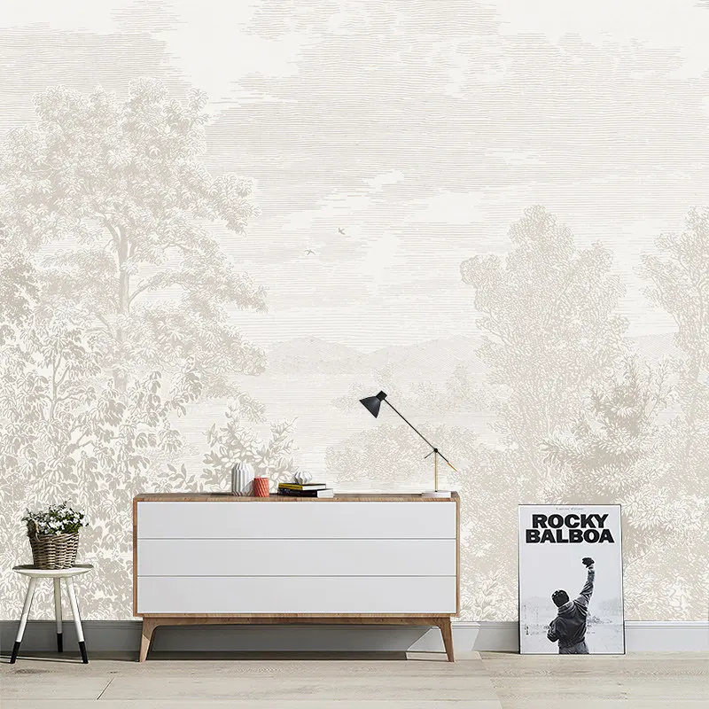 Customize wallpaper of any size French Retro Plants Living Room TV Background Wallpaper Cream Forest Mural Bedroom Wallpaper