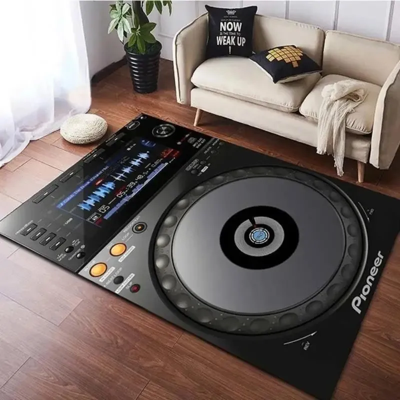 VIKAMA Retro Avant-Garde Vinyl Record Player Printed Large Carpet, Anti-Slip Floor Mat for Music and Living Room Decor
