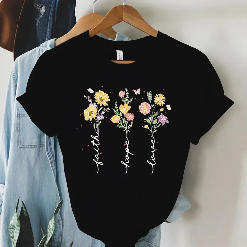 

Women Cotton T-shirt Faith Hope Love Vintage Boho Tee Female Christian Short Sleeve Trendy Tops Religious Faith Clothing Tops