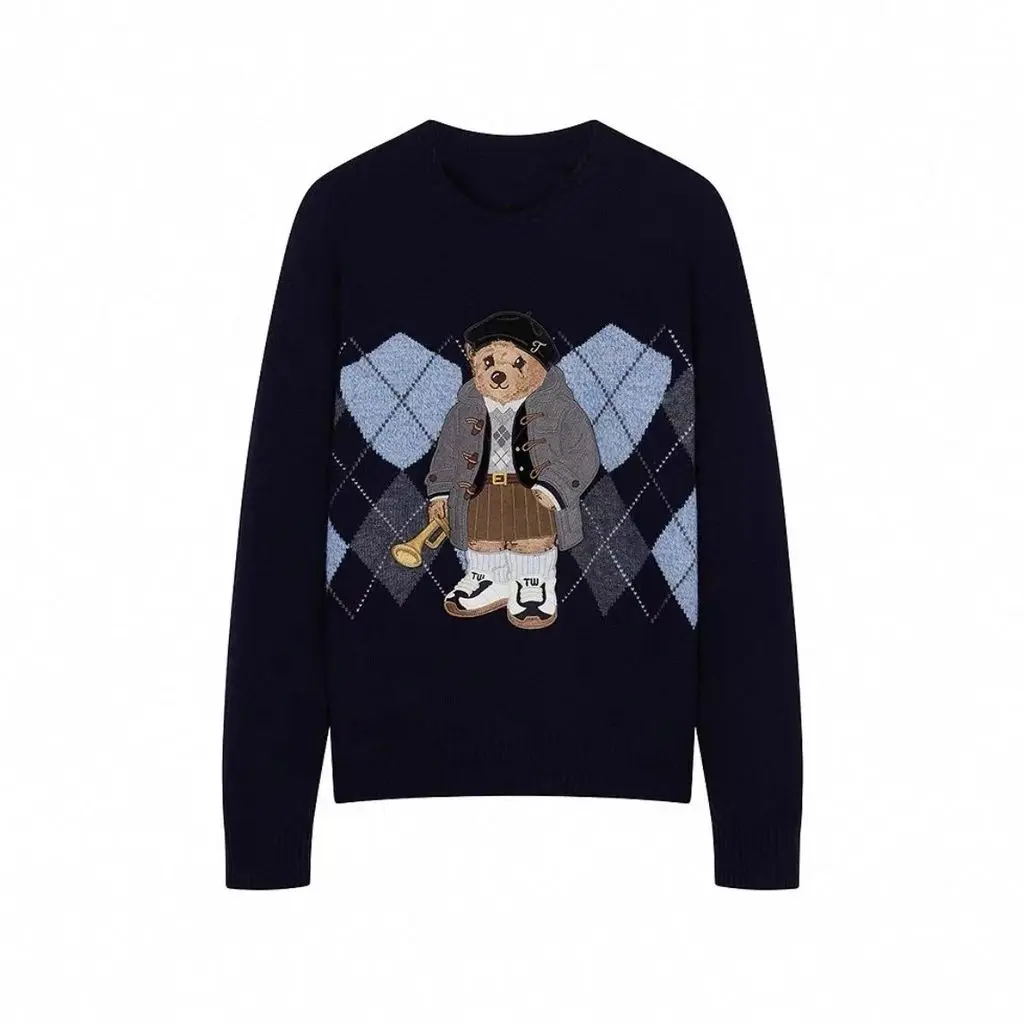 Embroidered Bear Sweater in Pink Blue Gray Vintage Cable Knit 202604